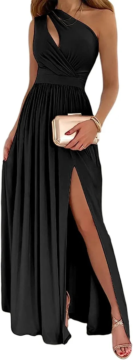 Woman wearing sleeveless black evening gown with one shoulder and thigh-high slit, holding gold clutch