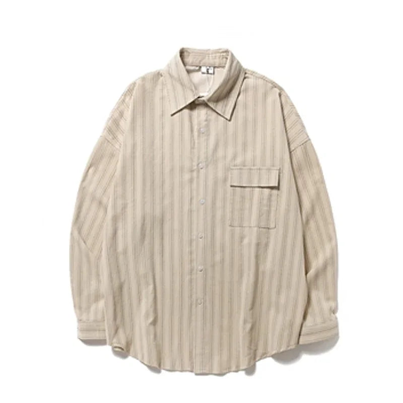 Beige striped long sleeve casual shirt with front pocket and button-down collar