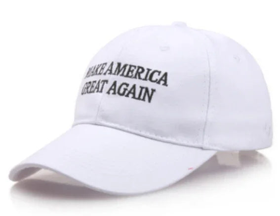 White baseball cap with black embroidered text 'MAKE AMERICA GREAT AGAIN' on front