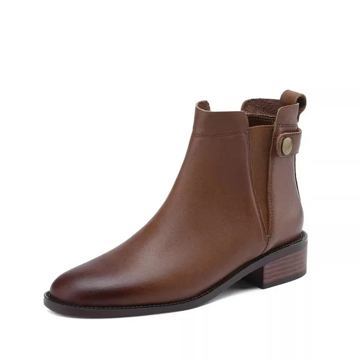 brown leather Chelsea ankle boot with low stacked heel and side elastic panel