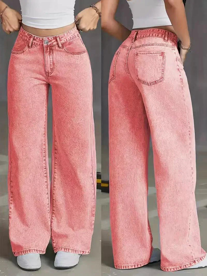 Front and back view of women's high-waisted wide-leg pink acid wash jeans paired with white crop top