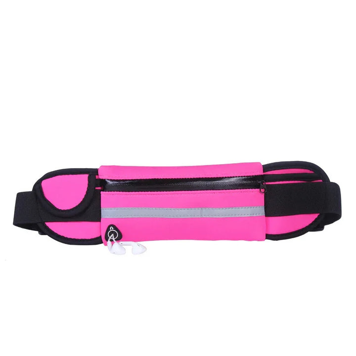 Bright pink and black waist pack with zipper pocket and earphone slot, reflective strip for running