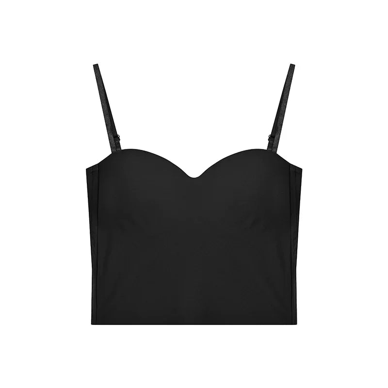 black cropped camisole top with adjustable spaghetti straps on white background