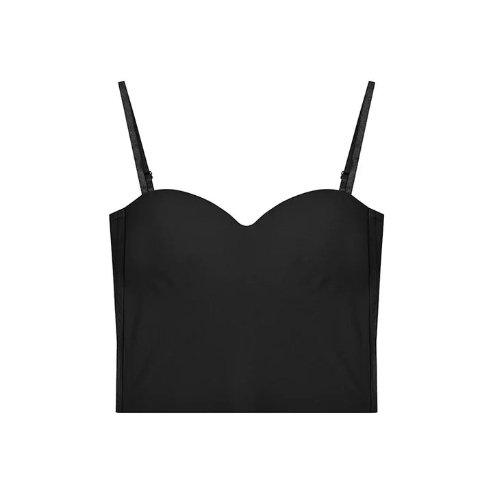 black cropped camisole top with adjustable spaghetti straps on white background