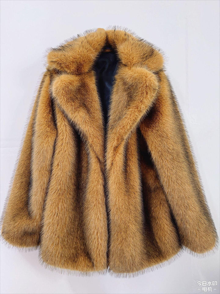 luxurious brown faux fur coat with black lining on white background