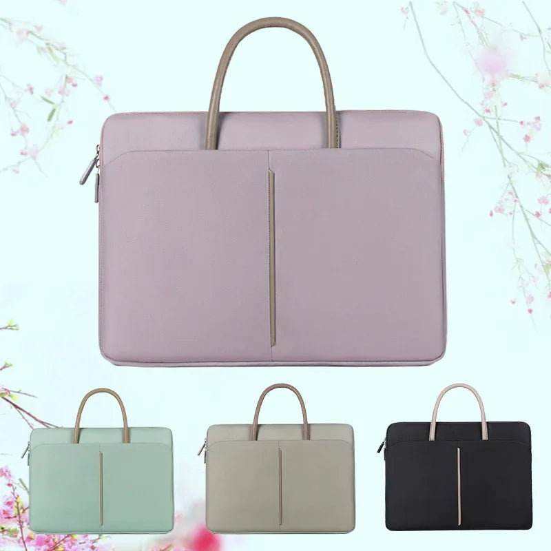 Elegant leather laptop bags in pastel pink, mint green, beige, and black with dual handles