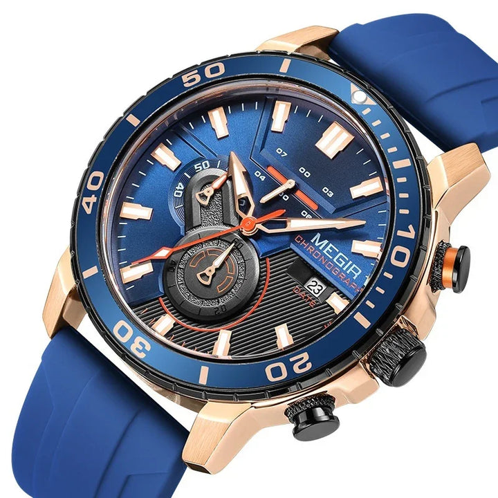 MEGIR blue chronograph watch with rose gold case, blue silicone strap, and date display
