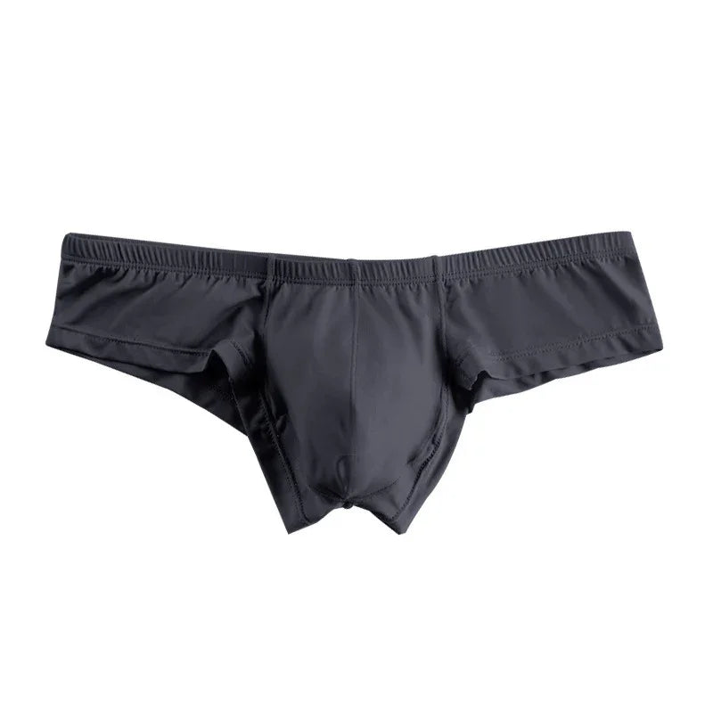 Black men's brief-style underwear with elastic waistband on white background