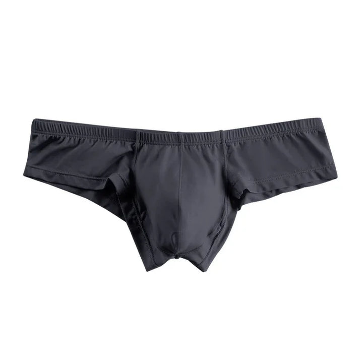 Black men's brief-style underwear with elastic waistband on white background