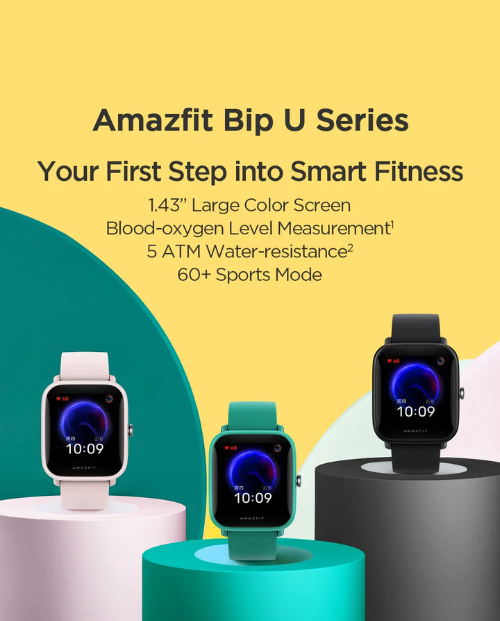 Amazfit Bip U Series smartwatches in pink, green, and black displayed on colored pedestals with fitness features text