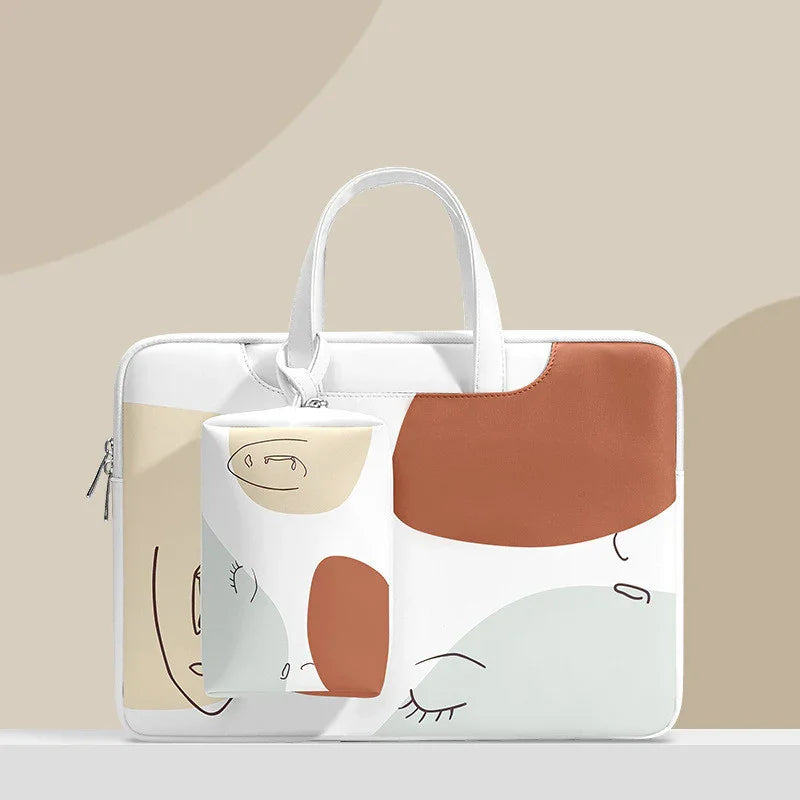 White laptop bag and pouch with abstract face line art and color blocks in beige, rust, and light blue