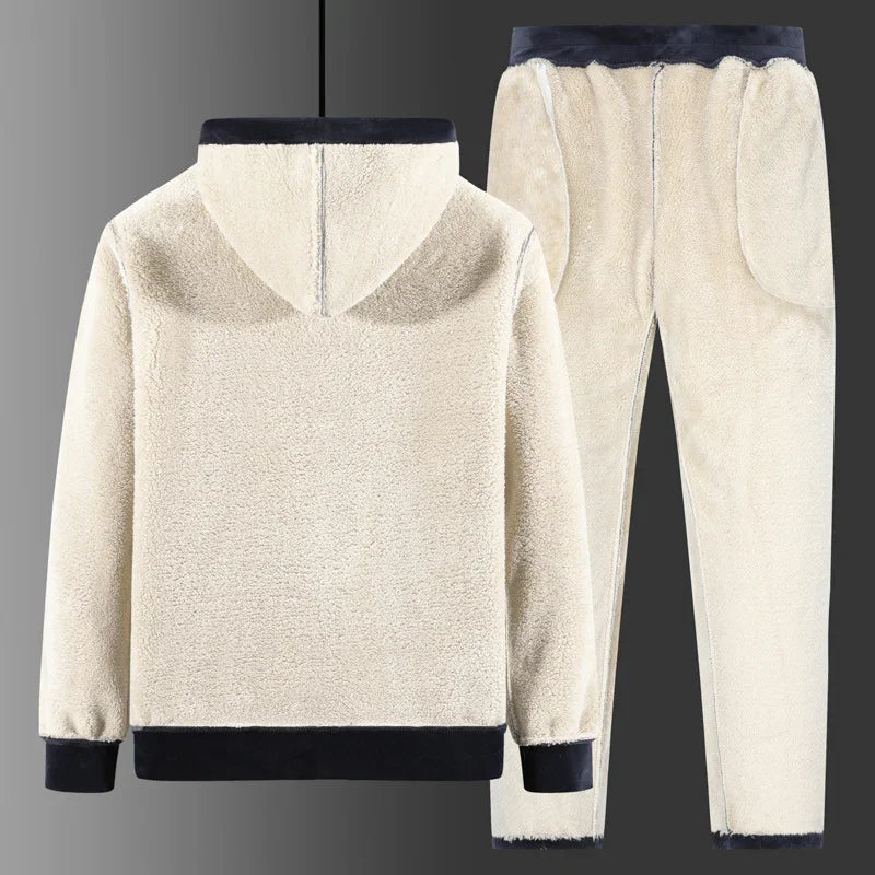 Beige fleece hoodie and matching pants with black cuffs and waistband, cozy loungewear set