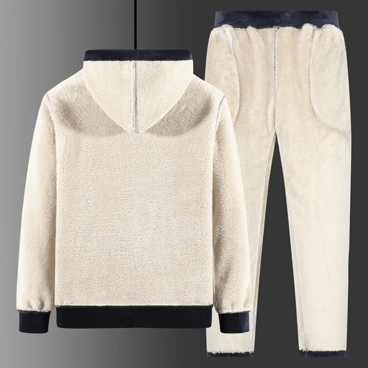 Beige fleece hoodie and matching pants with black cuffs and waistband, cozy loungewear set