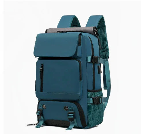 Teal backpack with multiple zip pockets and adjustable straps on a white background