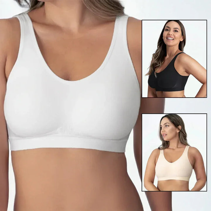 woman wearing white seamless bra, with inset images of same bra in black and beige on female models