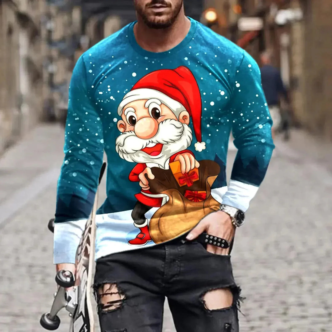 Man wearing a blue Christmas sweater with a cartoon Santa holding a gift bag, paired with ripped black jeans