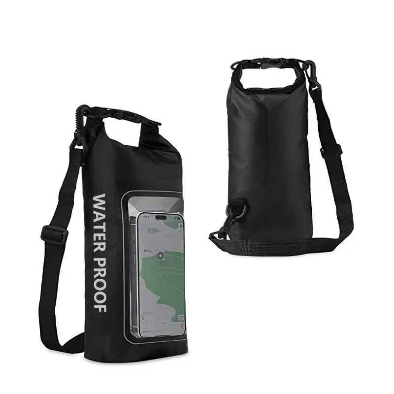 Black waterproof dry bag with clear phone pocket and adjustable shoulder strap