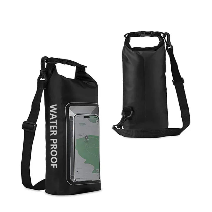 Black waterproof dry bag with clear phone pocket and adjustable shoulder strap