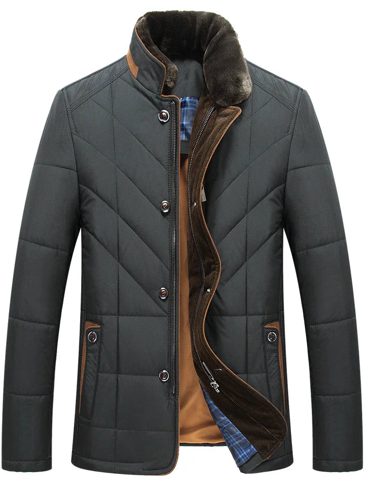 Men's black quilted winter jacket with brown suede trim, fur collar, and blue plaid lining