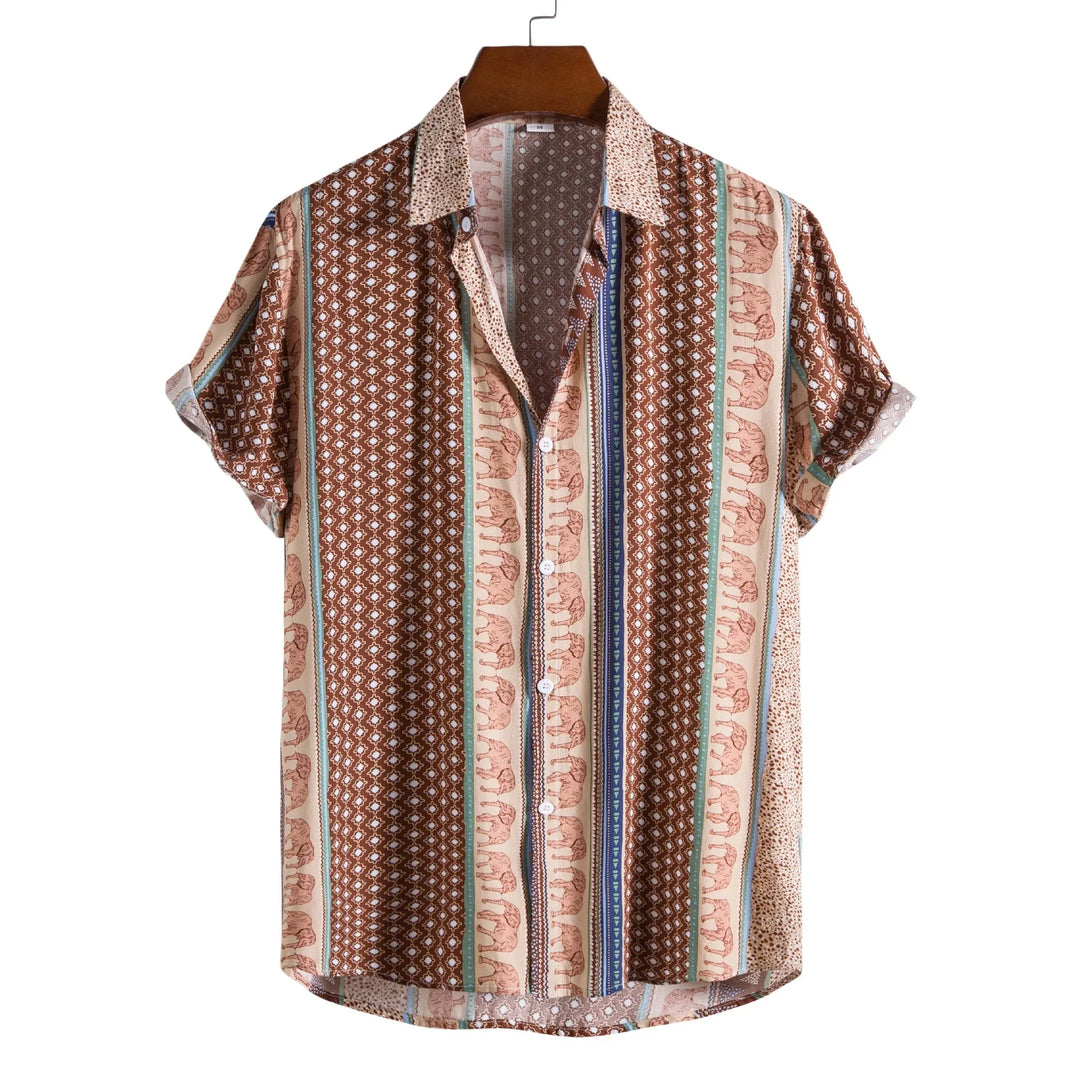 Men's short sleeve button-up shirt with brown, beige, and blue elephant and geometric stripes
