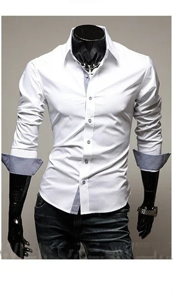 Slim fit white men's dress shirt with contrasting inner cuffs and collar on mannequin