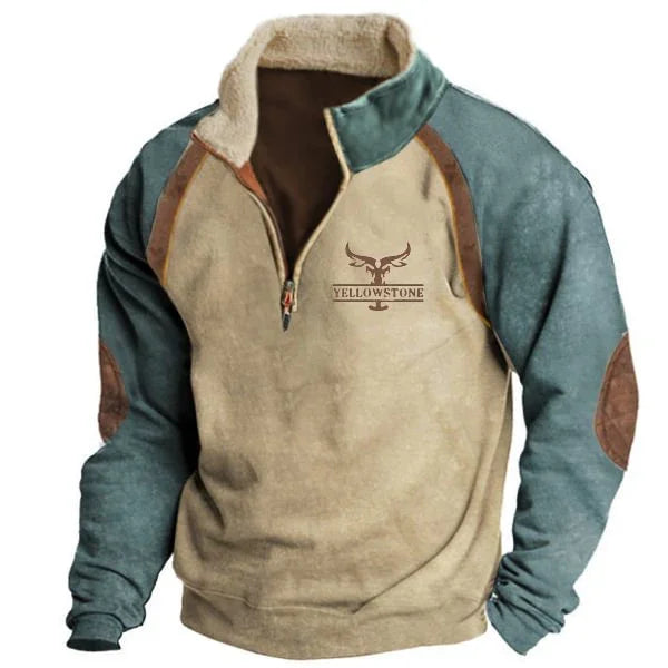 Yellowstone branded quarter-zip fleece pullover with beige front and blue sleeves featuring elbow patches and a fleece collar