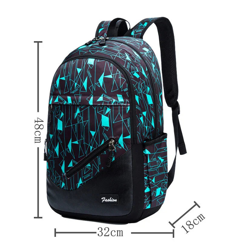 Black and turquoise geometric pattern backpack with multiple zippered compartments and padded straps