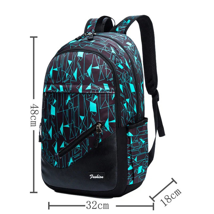 Black and turquoise geometric pattern backpack with multiple zippered compartments and padded straps