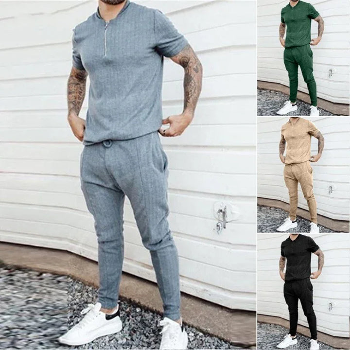 Men's casual slim-fit knit short-sleeve zipper polo and jogger pants set in gray, green, beige, and black colors