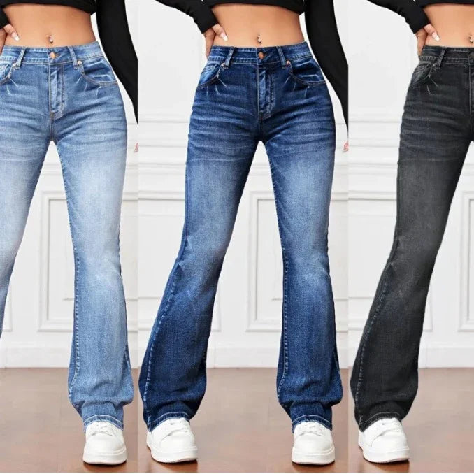 Women wearing three pairs of high-waisted flare jeans in light blue, dark blue, and black with white sneakers