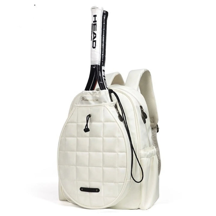 White quilted tennis backpack with padded straps and HEAD tennis racquet