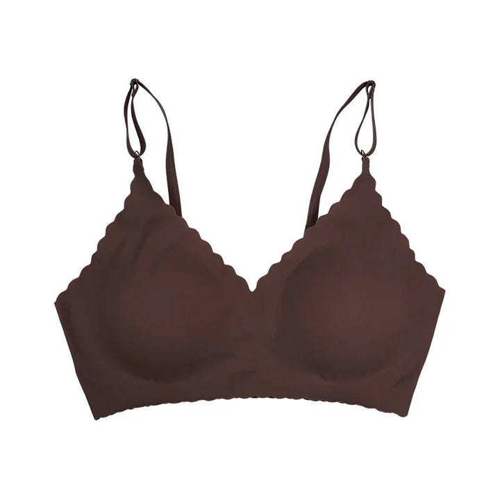 Brown scalloped edge wireless bra with adjustable straps on white background