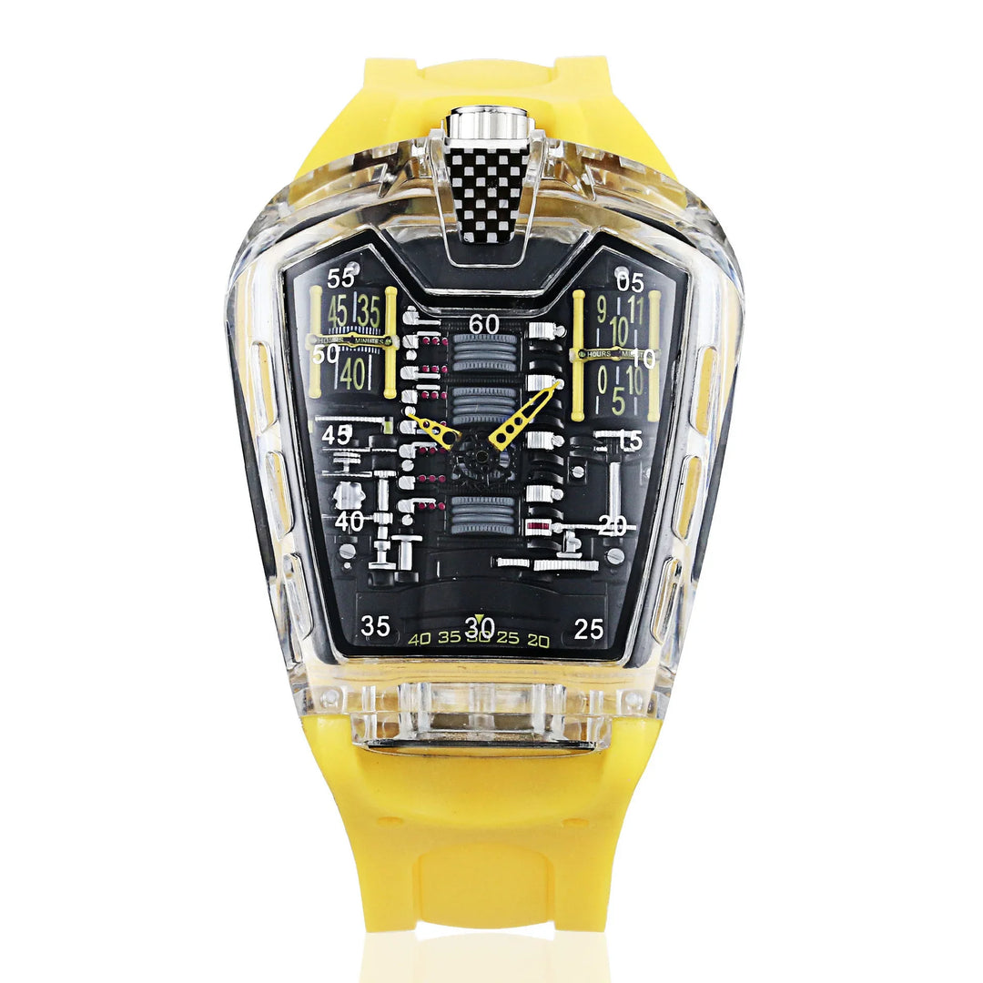Futuristic wristwatch with exposed mechanical gears, black dial, yellow hands, and yellow strap
