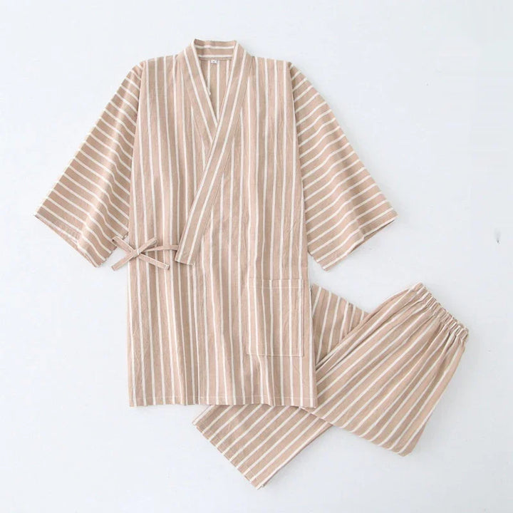 Beige and white striped lightweight cotton kimono-style loungewear set with jacket and elastic waist pants