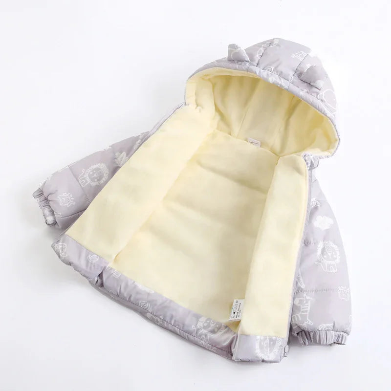 Gray baby jacket with animal print and soft yellow fleece lining, hood with ears, and elastic cuffs