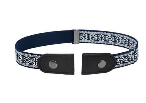 Navy blue fabric belt with white floral pattern and black snap button leather ends
