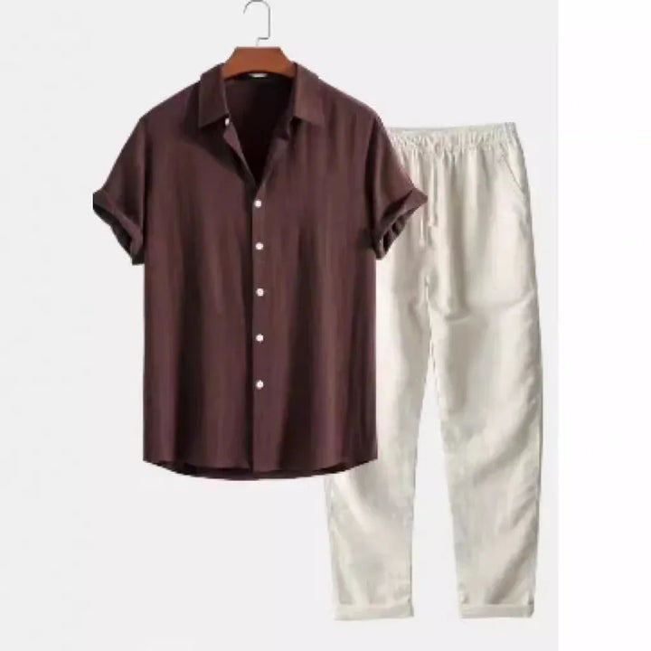 Casual men's summer outfit with a brown short-sleeve button-up shirt and light beige elastic waist pants