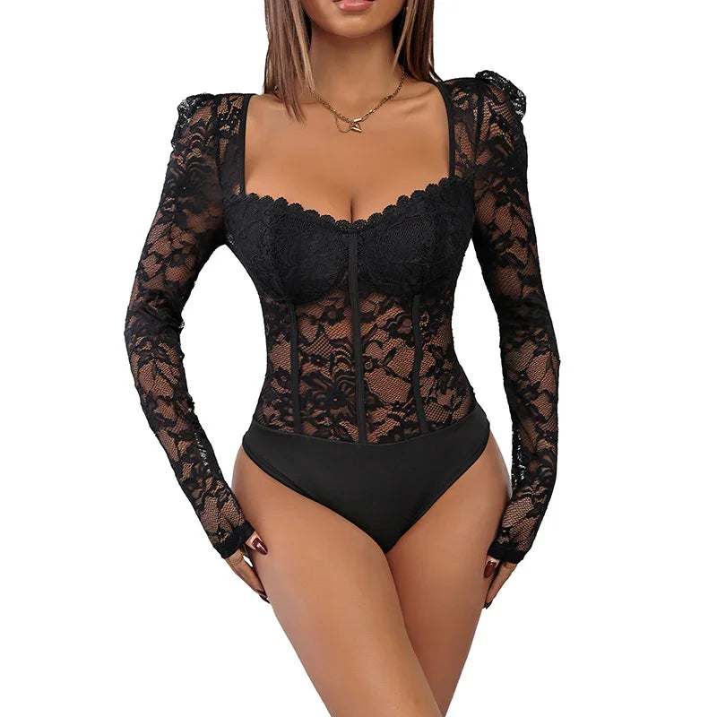 Woman wearing black lace long-sleeve bodysuit with floral pattern and scoop neckline