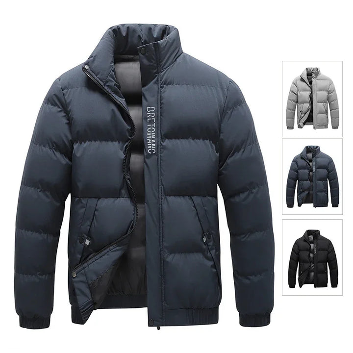 Men's padded winter jacket with zipper and snap buttons, available in blue, gray, and black colors