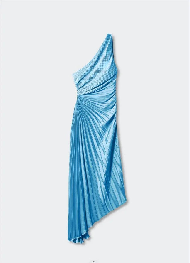 Asymmetrical one-shoulder blue pleated satin evening dress on white background