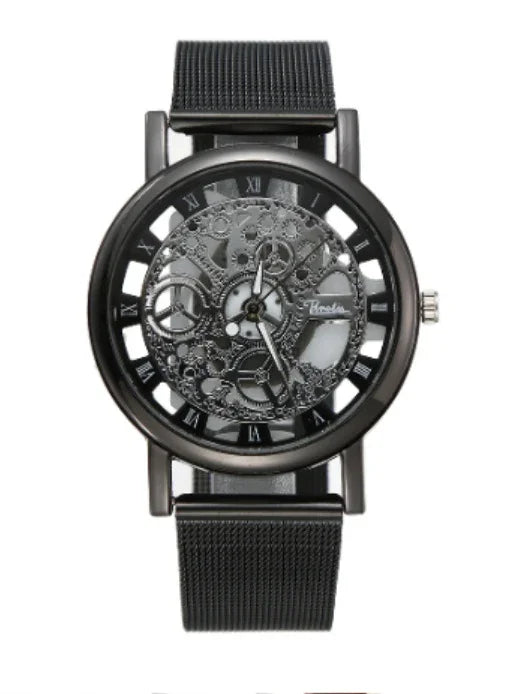 Black mechanical skeleton wristwatch with Roman numerals and black mesh strap