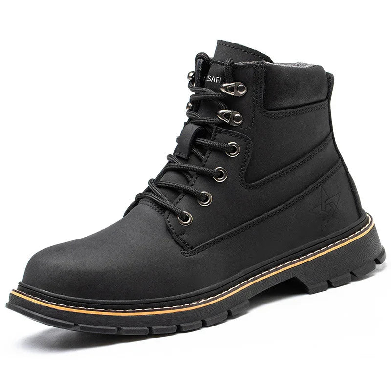 Black men's lace-up ankle boot with padded collar and rugged sole, outdoor work shoe