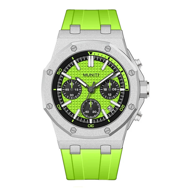 Silver chronograph watch with neon green dial and strap, black subdials, and date window