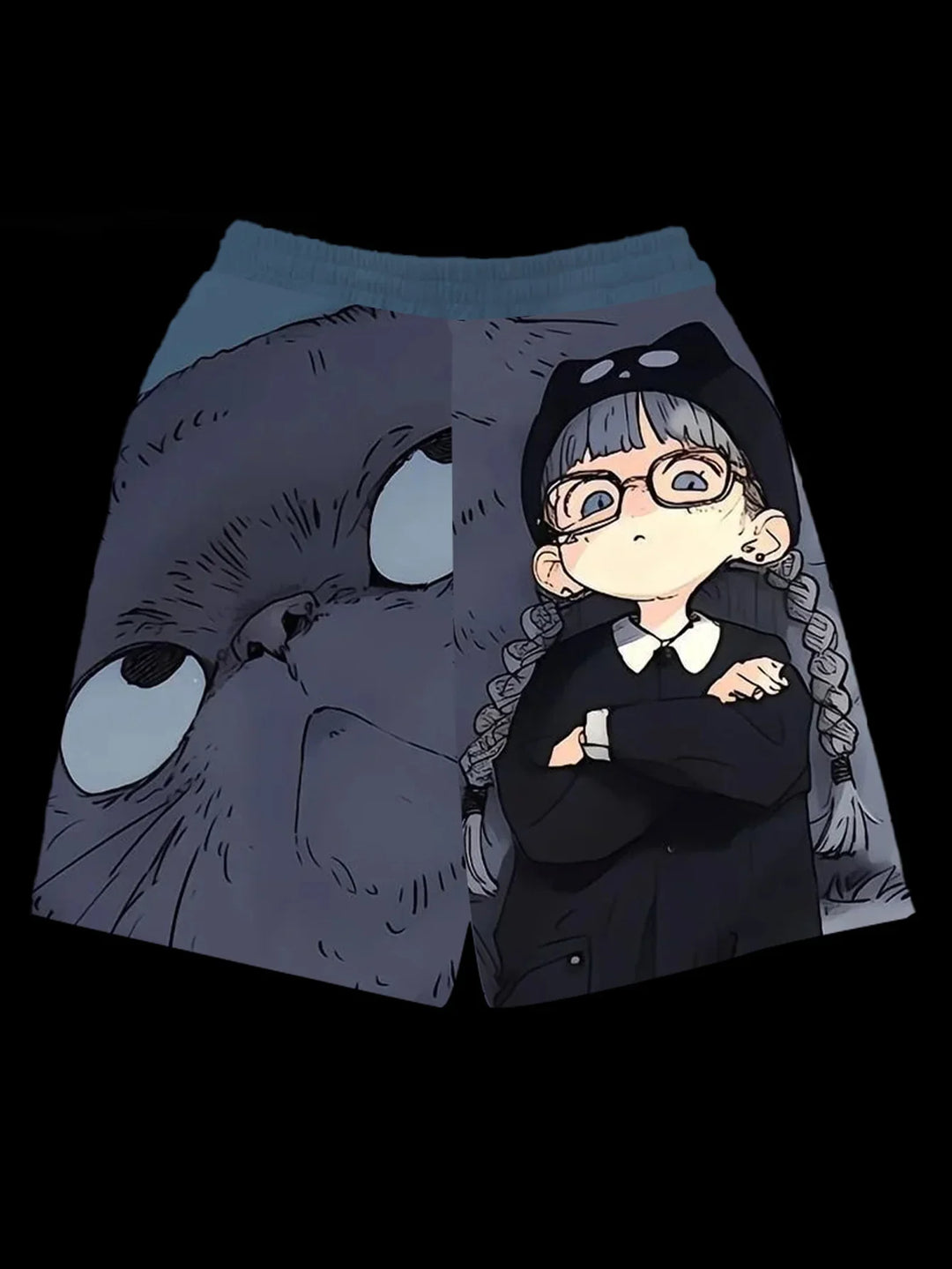 Shorts with anime-style girl wearing glasses and black hat, and a large dark animal face print