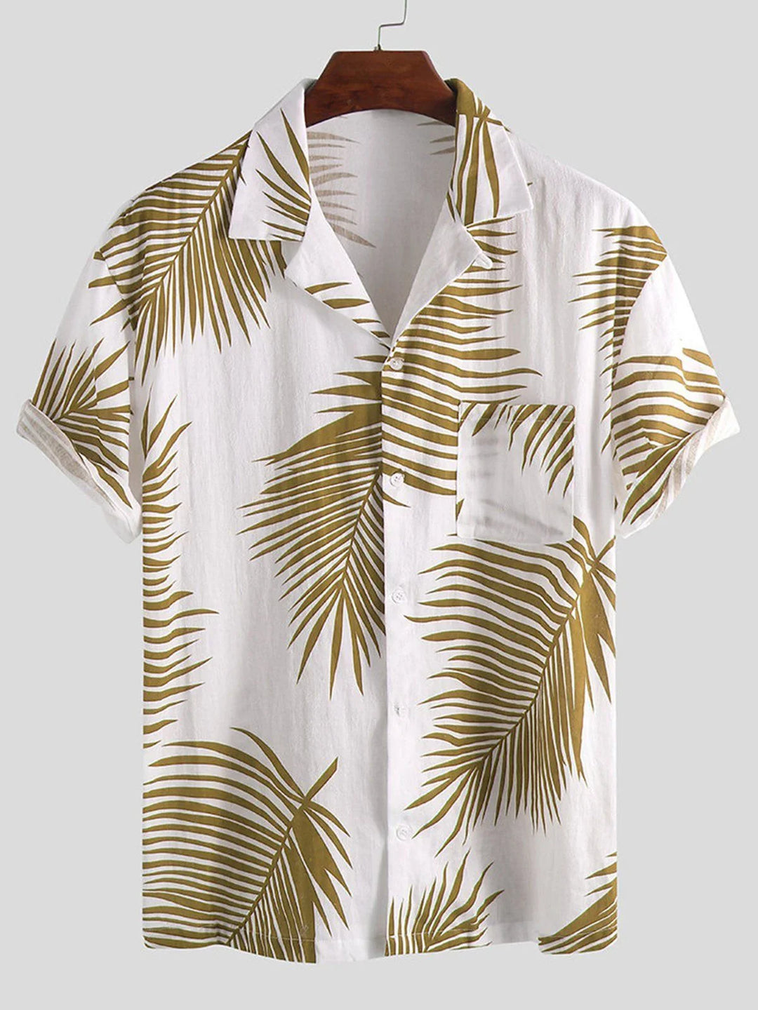 White short-sleeve button-up shirt with olive green palm leaf print and front pocket