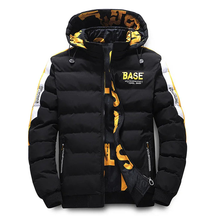 Black puffer jacket with yellow and white sleeve accents and hood, featuring BASE logo on chest