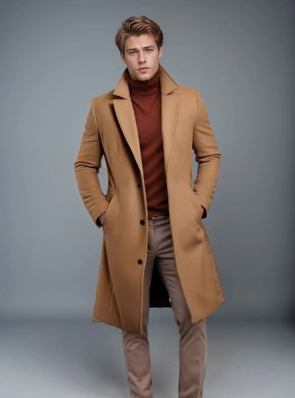 Young man wearing a camel overcoat, rust turtleneck sweater, and beige pants against gray background