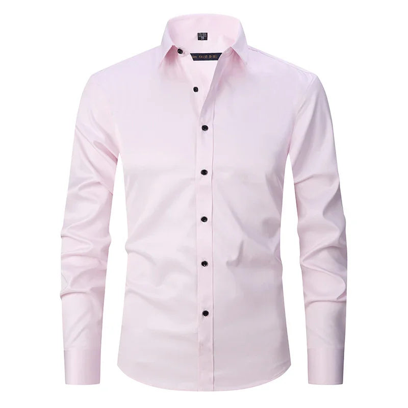 Light pink men's dress shirt with black buttons and long sleeves