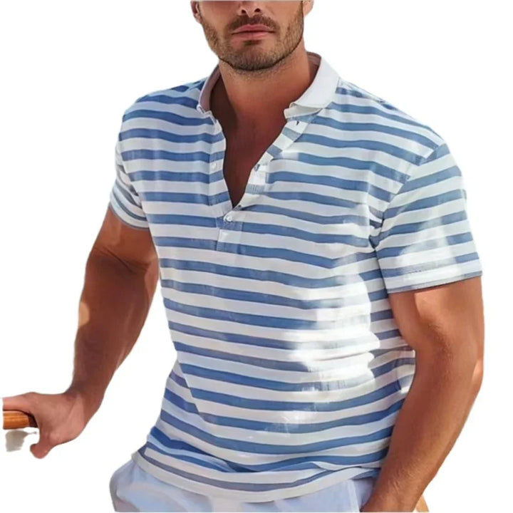 Man wearing blue and white striped short sleeve polo shirt with open collar on white background