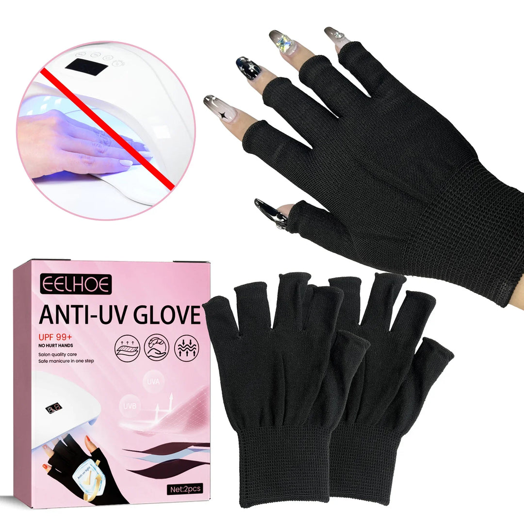 Black anti-UV fingerless gloves for safe manicure with UPF 99+ protection and nail salon care